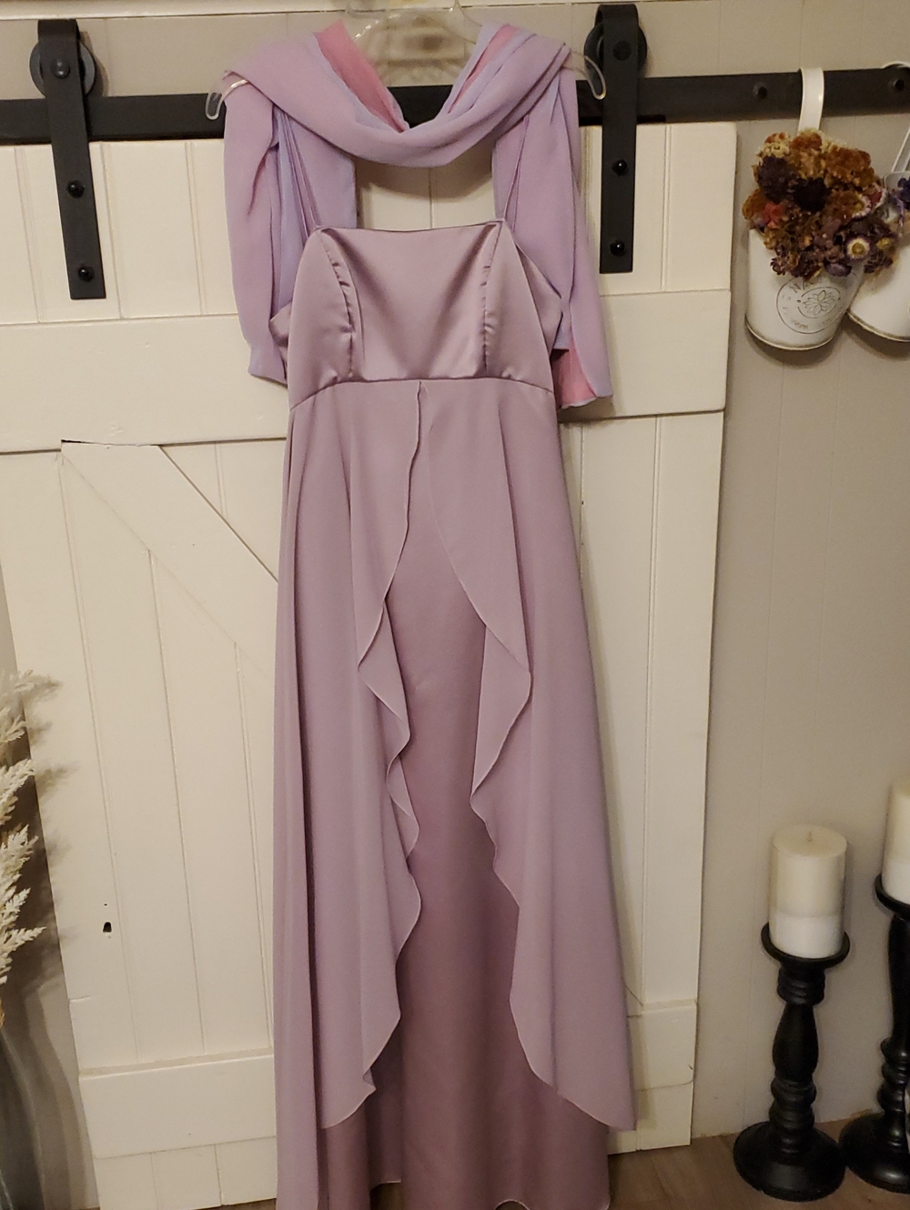 Elegant Lavender Ruffle Front Evening Dress with Shawl